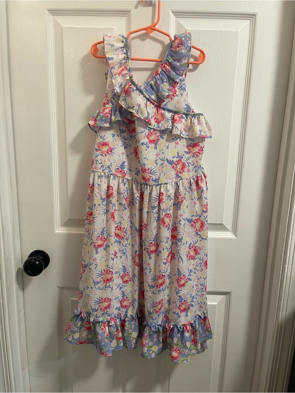 Bonnie Jean Cream Floral Ruffle Dress with Pink and Blue Accents